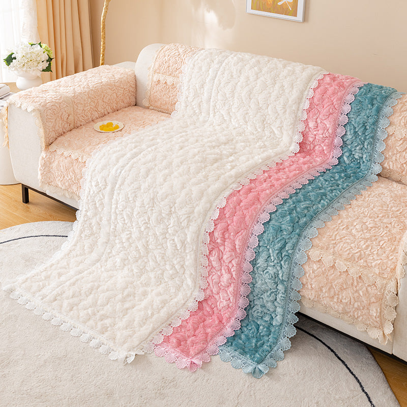 Plush Sofa Cushion Winter Thickened Non-slip Lace Edge Seat Pad Living Room Warm Sofa Mat Protector Washable Couch Cover