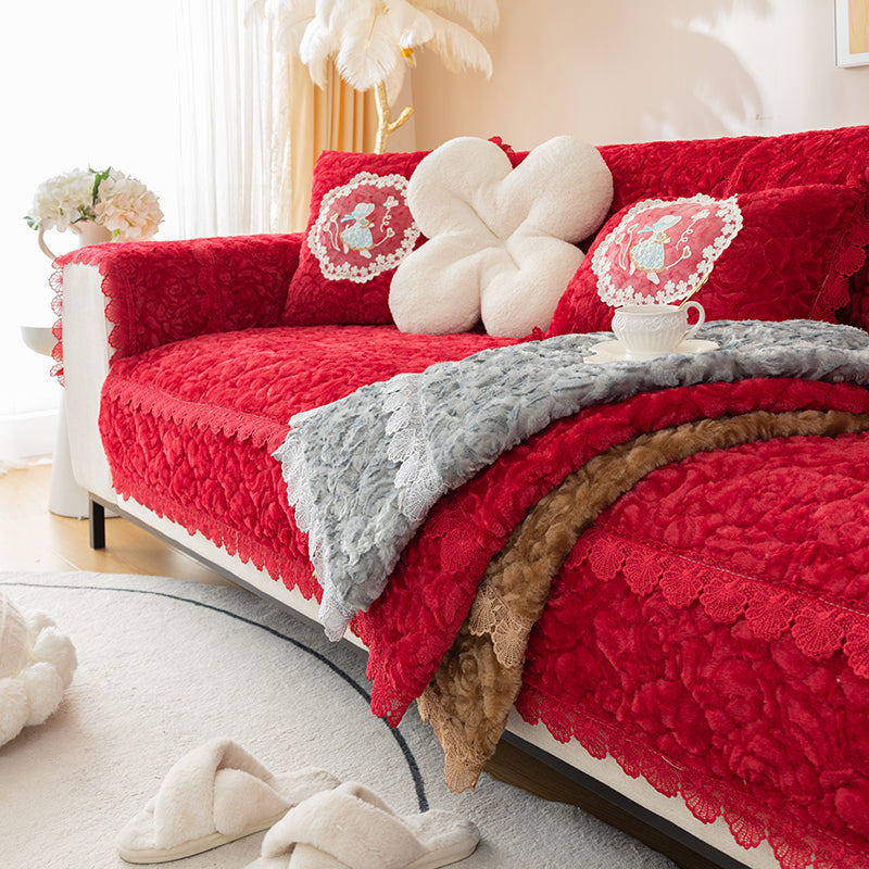 Plush Sofa Cushion Winter Thickened Non-slip Lace Edge Seat Pad Living Room Warm Sofa Mat Protector Washable Couch Cover