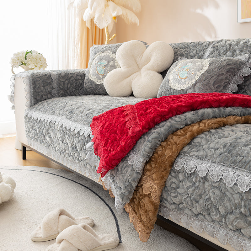 Plush Sofa Cushion Winter Thickened Non-slip Lace Edge Seat Pad Living Room Warm Sofa Mat Protector Washable Couch Cover