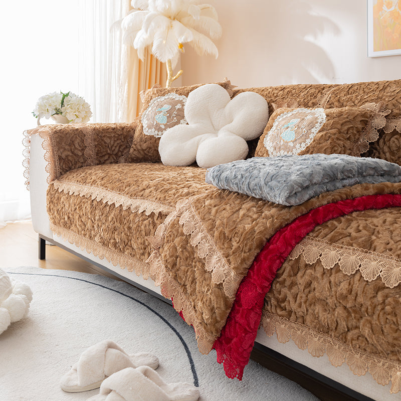 Plush Sofa Cushion Winter Thickened Non-slip Lace Edge Seat Pad Living Room Warm Sofa Mat Protector Washable Couch Cover