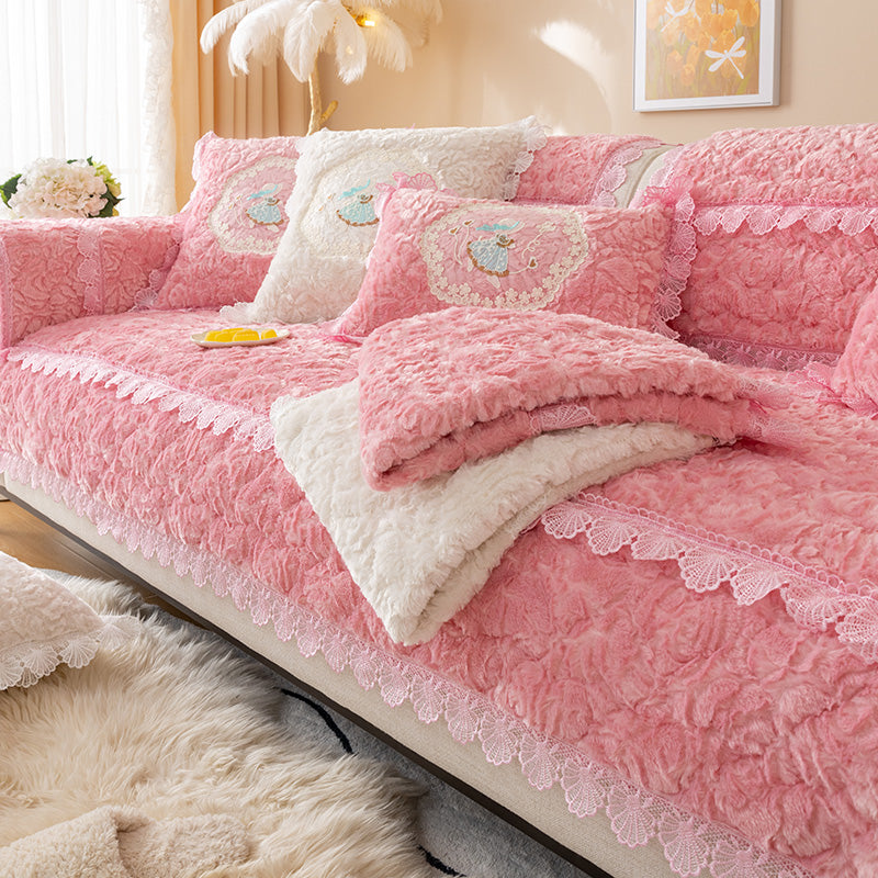 Plush Sofa Cushion Winter Thickened Non-slip Lace Edge Seat Pad Living Room Warm Sofa Mat Protector Washable Couch Cover