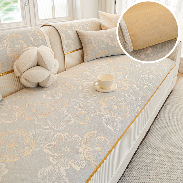 Jacquard Floral Chenille Sofa Cushion, Dotted Rubber Non-Slip Backing, All Season Couch Pad With Gold Edge Trim