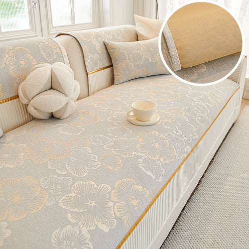 Jacquard Floral Chenille Sofa Cushion, Dotted Rubber Non-Slip Backing, All Season Couch Pad With Gold Edge Trim