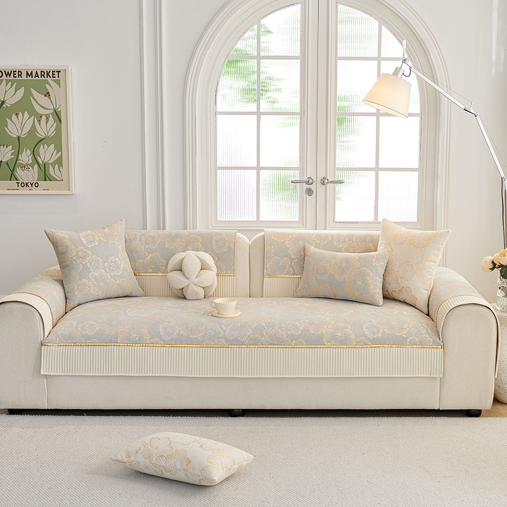Jacquard Floral Chenille Sofa Cushion, Dotted Rubber Non-Slip Backing, All Season Couch Pad With Gold Edge Trim