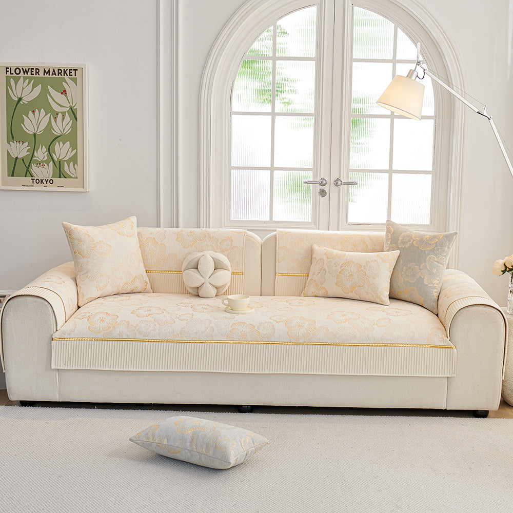 Jacquard Floral Chenille Sofa Cushion, Dotted Rubber Non-Slip Backing, All Season Couch Pad With Gold Edge Trim