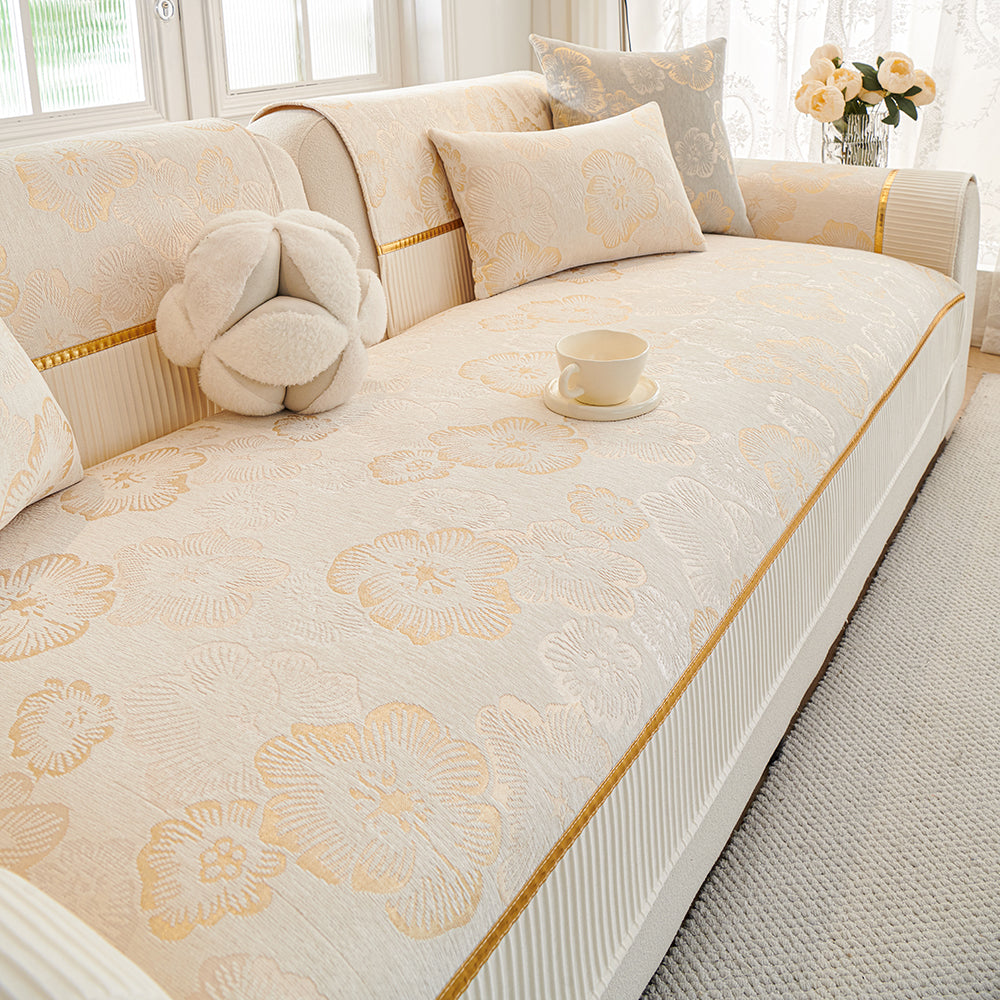 Jacquard Floral Chenille Sofa Cushion, Dotted Rubber Non-Slip Backing, All Season Couch Pad With Gold Edge Trim