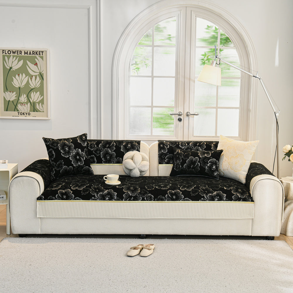 Jacquard Floral Chenille Sofa Cushion, Dotted Rubber Non-Slip Backing, All Season Couch Pad With Gold Edge Trim